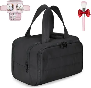 Curetoaway Travel Cosmetic Bag, Cureaway Large Capacity Wide-Open Travel Cosmetic Bag, Lightweight Waterproof Toiletry Bag with Divider and Handle for women, Portable Makeup Bags (Black)