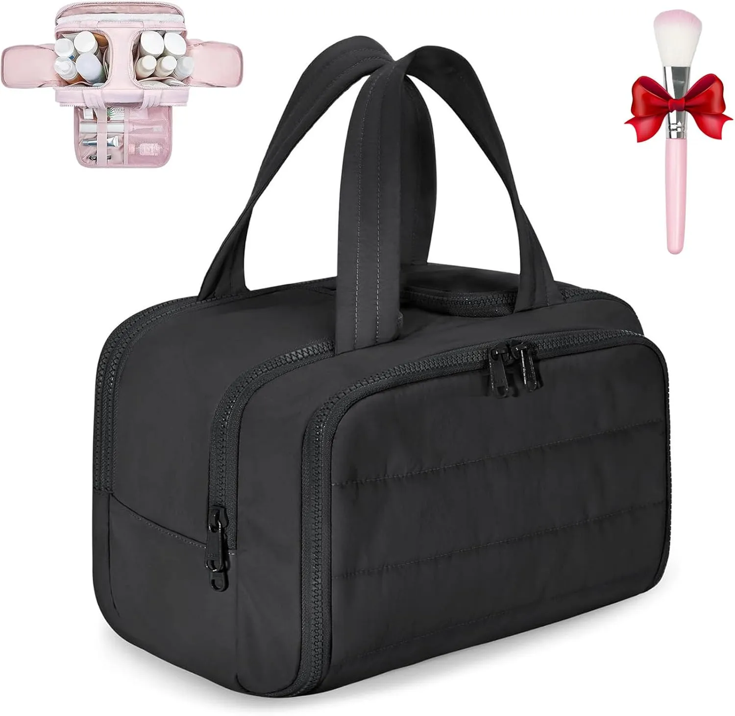 Curetoaway Travel Cosmetic Bag, Cureaway Large Capacity Wide-Open Travel Cosmetic Bag, Lightweight Waterproof Toiletry Bag with Divider and Handle for women, Portable Makeup Bags (Black)