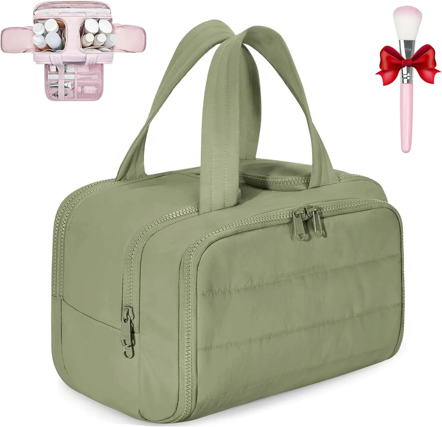 Curetoaway Travel Cosmetic Bag, Cureaway Large Capacity Wide-Open Travel Cosmetic Bag, Lightweight Waterproof Toiletry Bag with Divider and Handle for women, Portable Makeup Bags (Green)