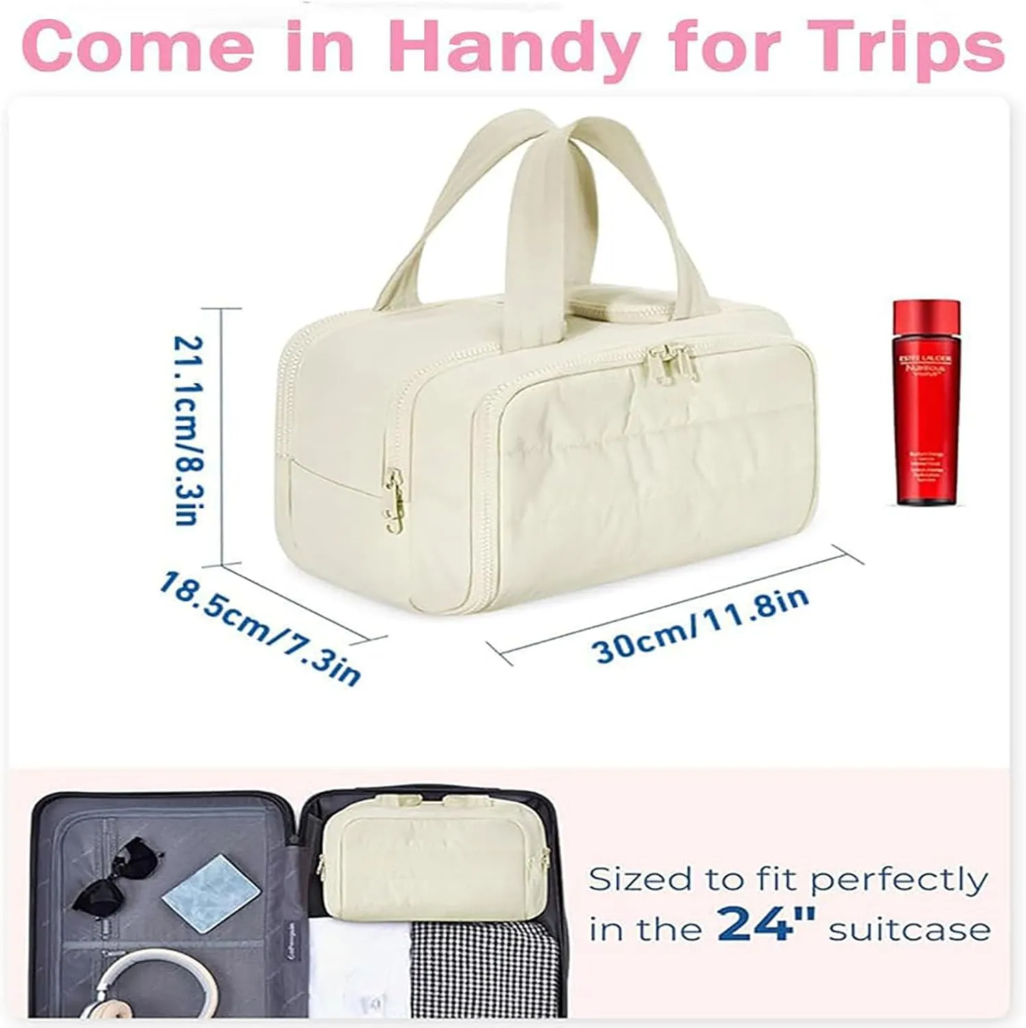 Curetoaway Travel Cosmetic Bag, Cureaway Large Capacity Wide-Open Travel Cosmetic Bag, Lightweight Waterproof Toiletry Bag with Divider and Handle for women, Portable Makeup Bags (Grey)