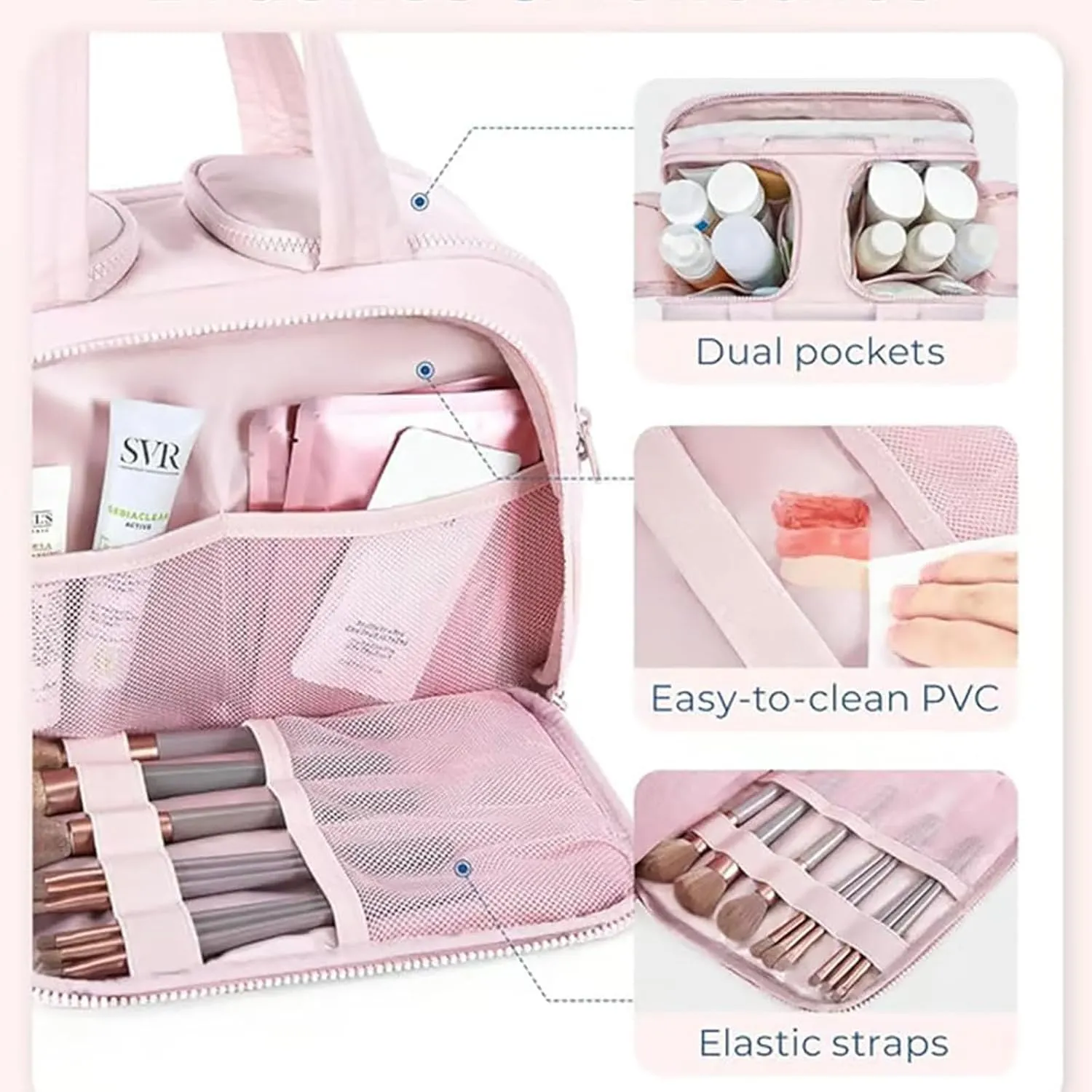 Curetoaway Travel Cosmetic Bag, Cureaway Large Capacity Wide-Open Travel Cosmetic Bag, Lightweight Waterproof Toiletry Bag with Divider and Handle for women, Portable Makeup Bags (Grey)