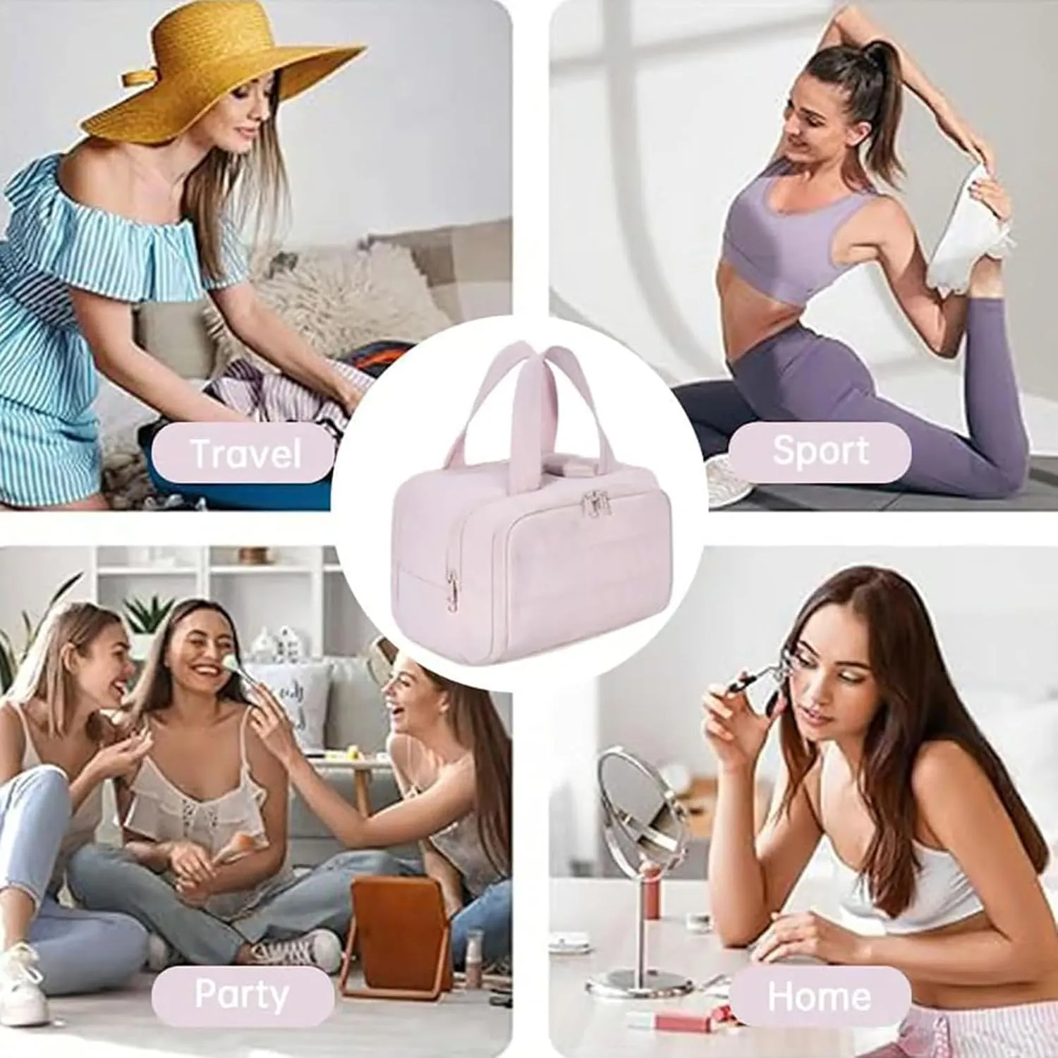 Curetoaway Travel Cosmetic Bag, Cureaway Large Capacity Wide-Open Travel Cosmetic Bag, Lightweight Waterproof Toiletry Bag with Divider and Handle for women, Portable Makeup Bags (Grey)