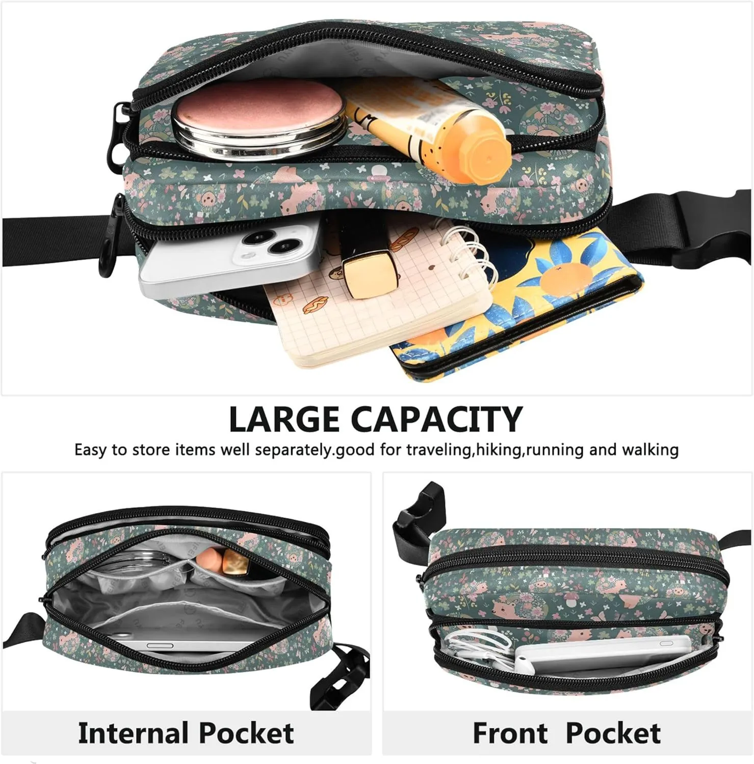 Custom Blooming Hedgehogs Flowers Women Fanny Packs Waterproof Hip Pack Belt Bag Bright Waist Pouch for Women