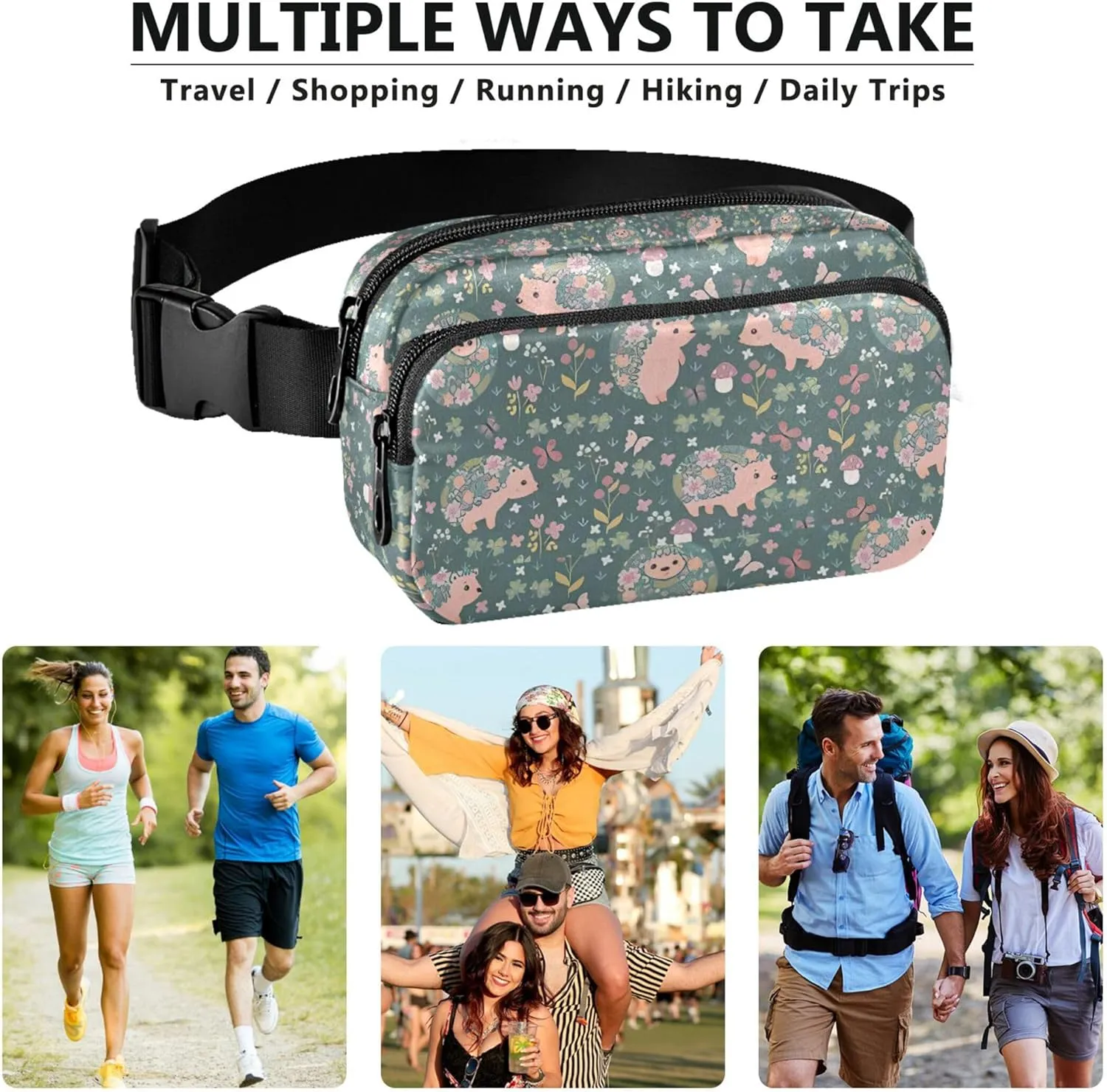Custom Blooming Hedgehogs Flowers Women Fanny Packs Waterproof Hip Pack Belt Bag Bright Waist Pouch for Women