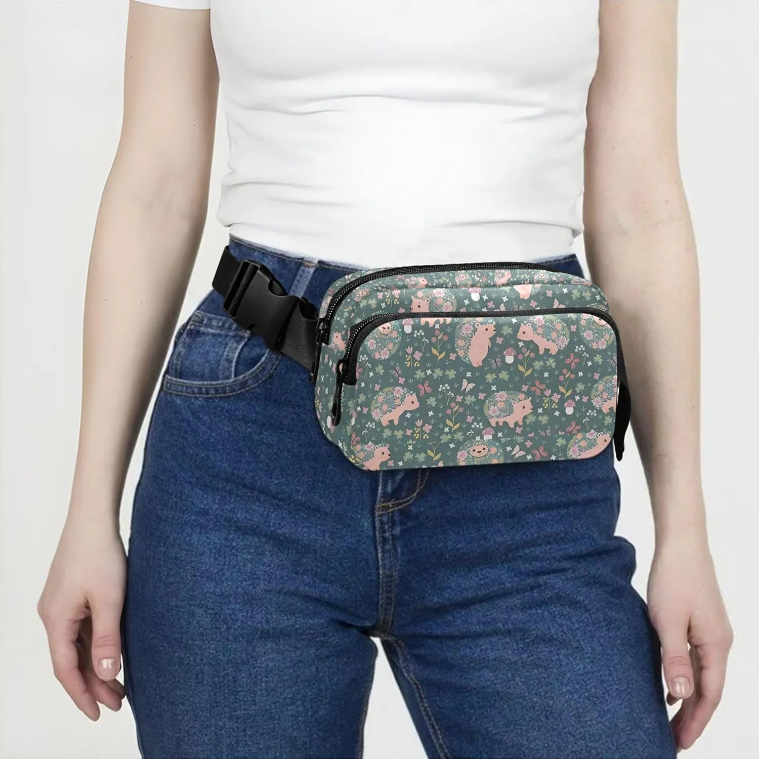 Custom Blooming Hedgehogs Flowers Women Fanny Packs Waterproof Hip Pack Belt Bag Bright Waist Pouch for Women