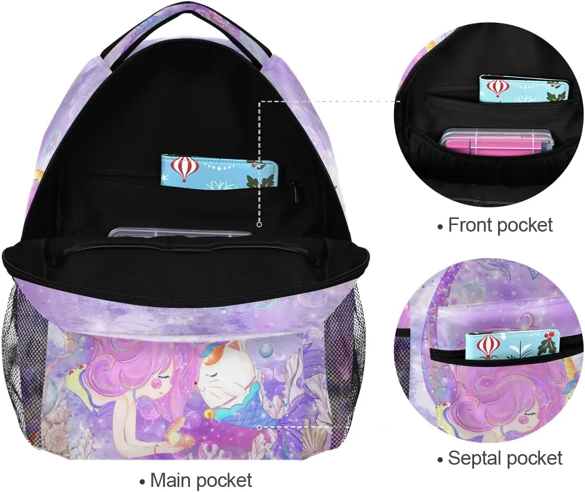 Custom Mermaid Unicorn Cat School Backpack Personalized Your Name Text Bookbag for Boys Girls Elementary School Casual Travel Bag Computer Laptop Daypack