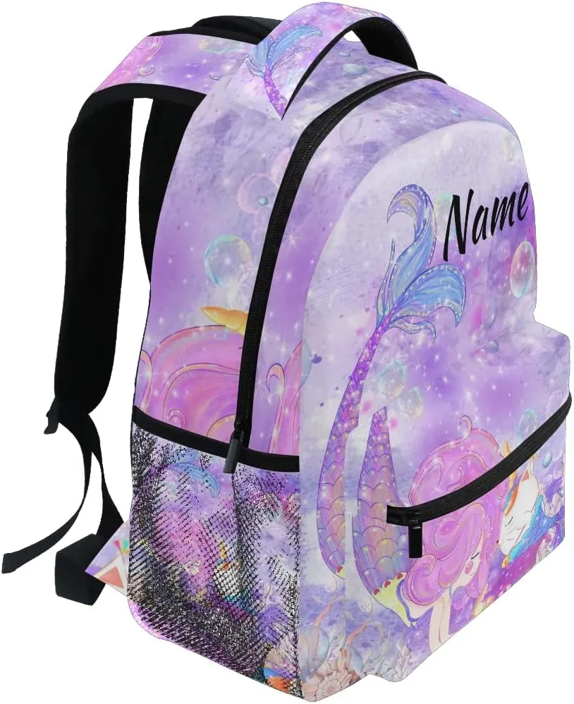 Custom Mermaid Unicorn Cat School Backpack Personalized Your Name Text Bookbag for Boys Girls Elementary School Casual Travel Bag Computer Laptop Daypack
