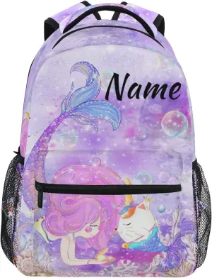 Custom Mermaid Unicorn Cat School Backpack Personalized Your Name Text Bookbag for Boys Girls Elementary School Casual Travel Bag Computer Laptop Daypack