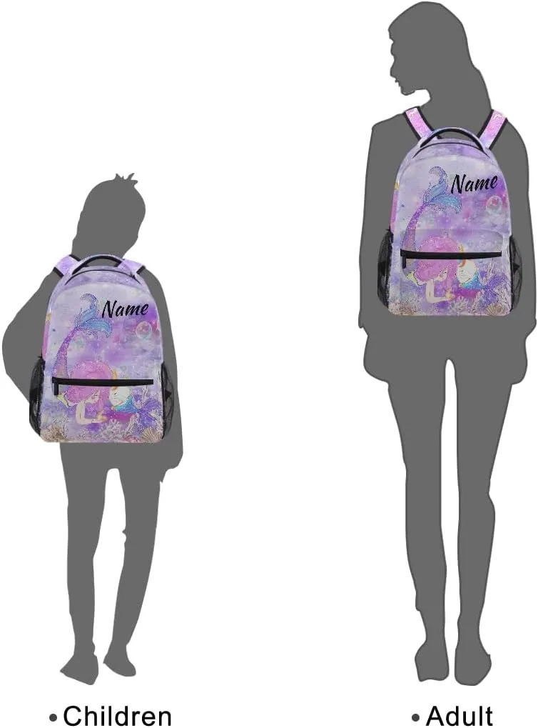 Custom Mermaid Unicorn Cat School Backpack Personalized Your Name Text Bookbag for Boys Girls Elementary School Casual Travel Bag Computer Laptop Daypack