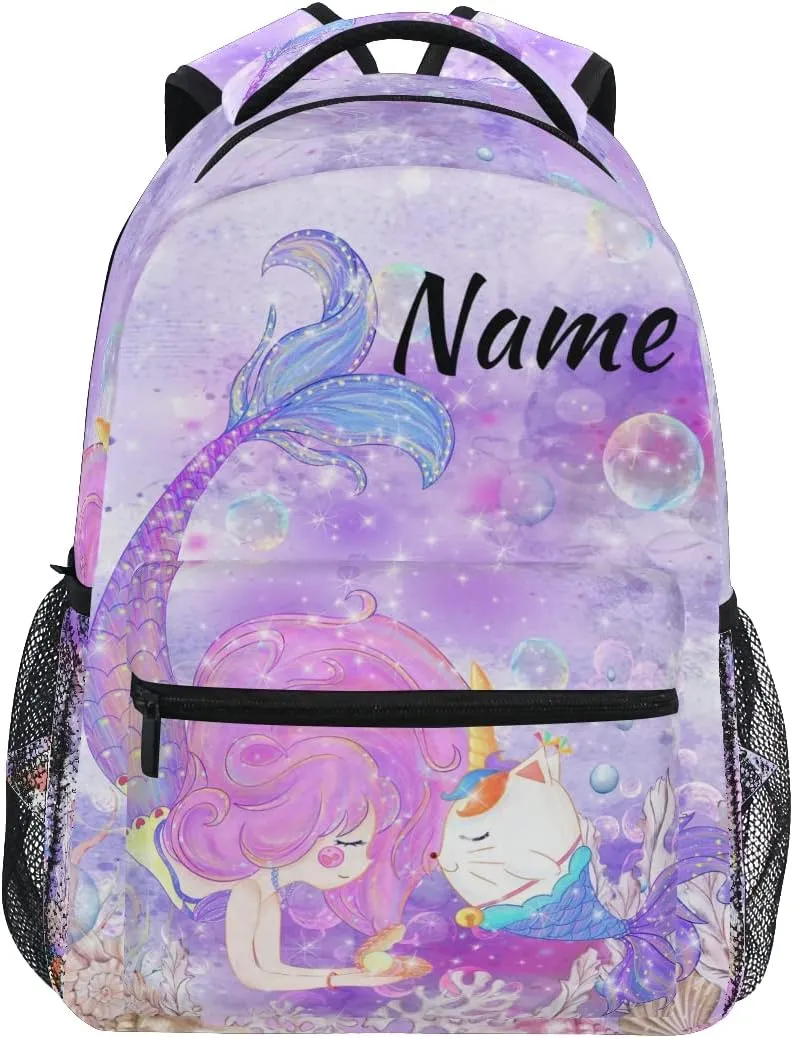 Custom Mermaid Unicorn Cat School Backpack Personalized Your Name Text Bookbag for Boys Girls Elementary School Casual Travel Bag Computer Laptop Daypack