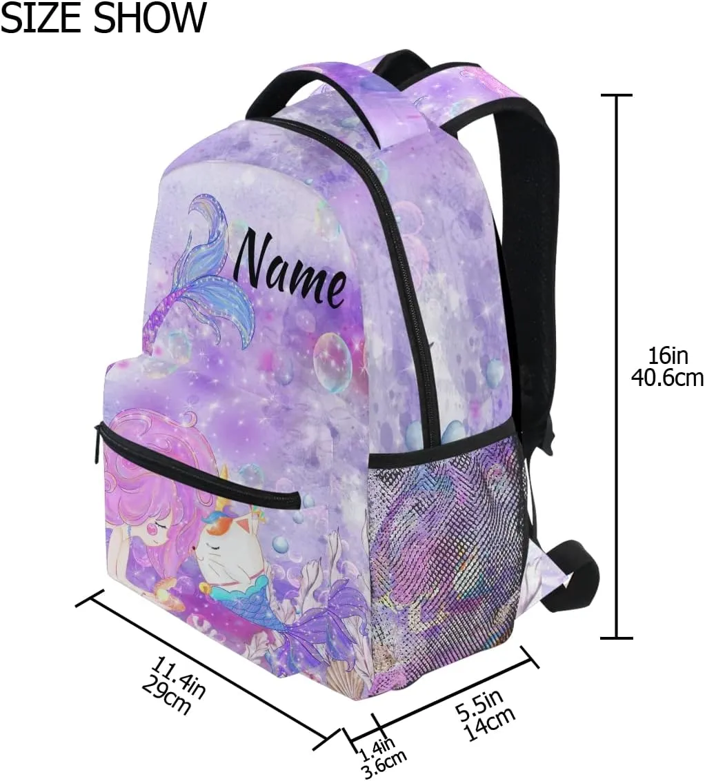 Custom Mermaid Unicorn Cat School Backpack Personalized Your Name Text Bookbag for Boys Girls Elementary School Casual Travel Bag Computer Laptop Daypack
