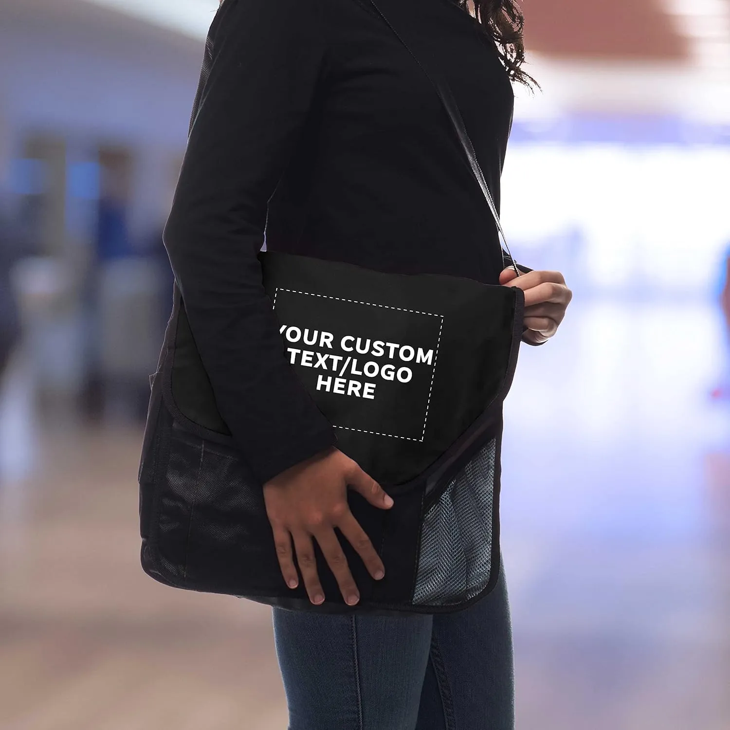 Custom Slant Flap Messenger Bags of 12, Personalized Bulk Pack - Perfect for Employees and For Everyday Use - Black