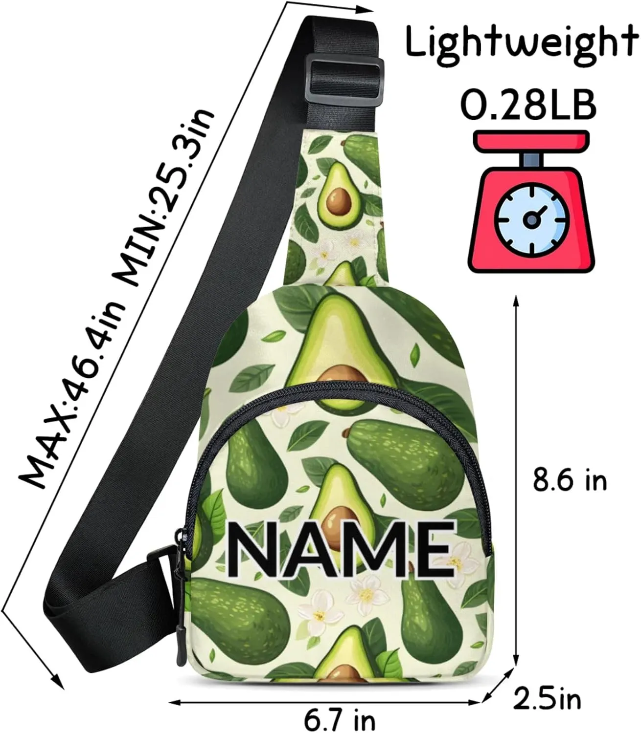Custom Sling Bag Avocado Cross Body Customize Chest Bag Cute Fruit Daypack for Outdoors Travel Hiking Sports