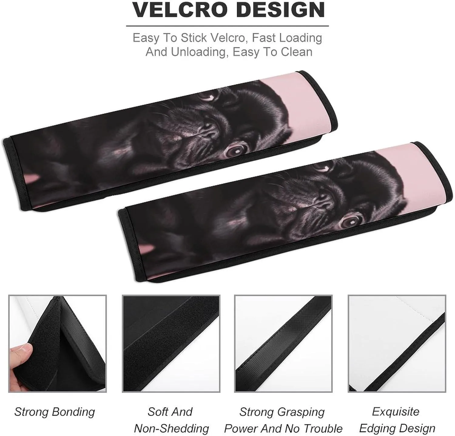 Cute Black Pug Auto Seat Belt Cover 2PCS Universal Car Seat Belt Shoulder Protector Pad, Protect Your Shoulders and Neck for Car Seat Belt, Shoulder Bag, Backpack