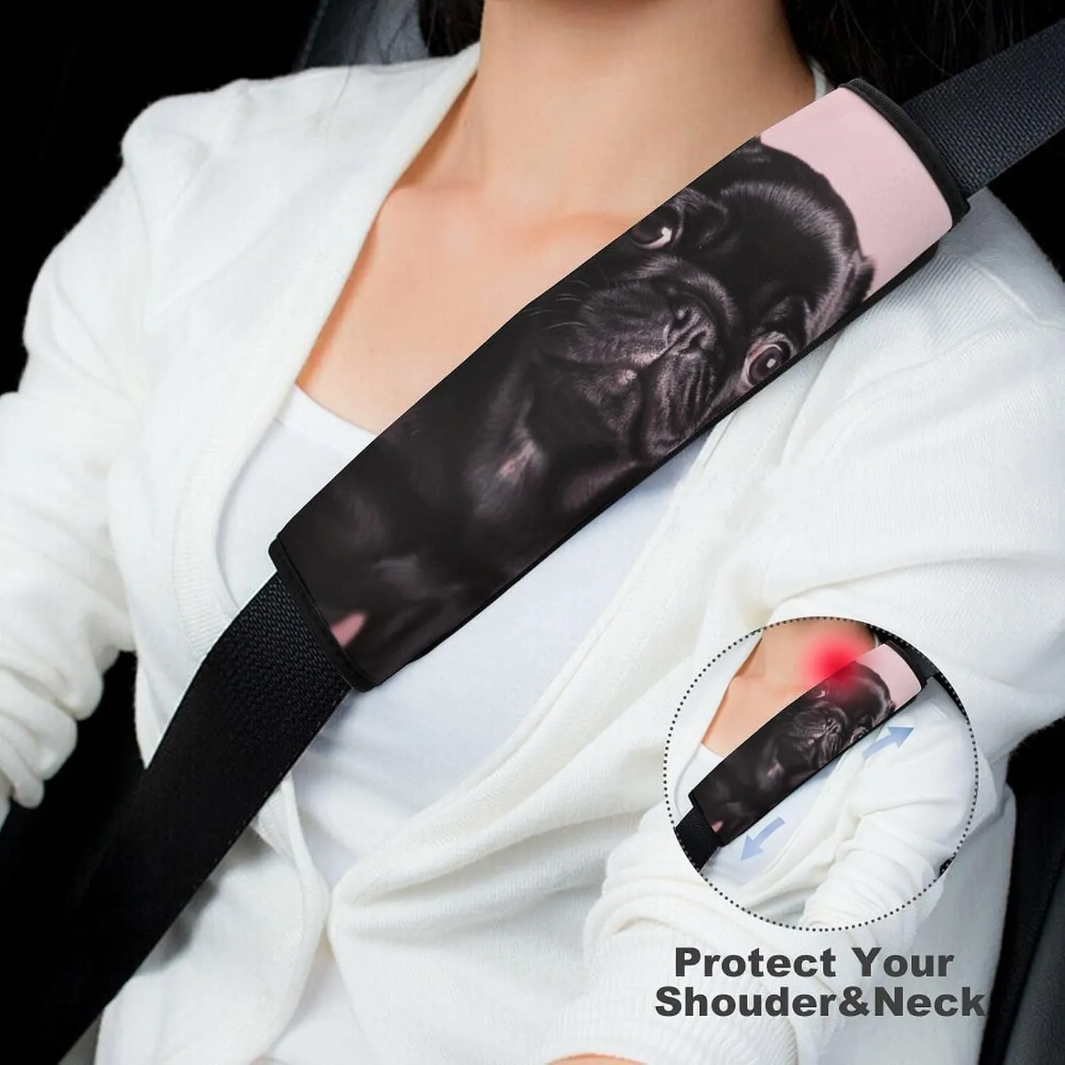 Cute Black Pug Auto Seat Belt Cover 2PCS Universal Car Seat Belt Shoulder Protector Pad, Protect Your Shoulders and Neck for Car Seat Belt, Shoulder Bag, Backpack