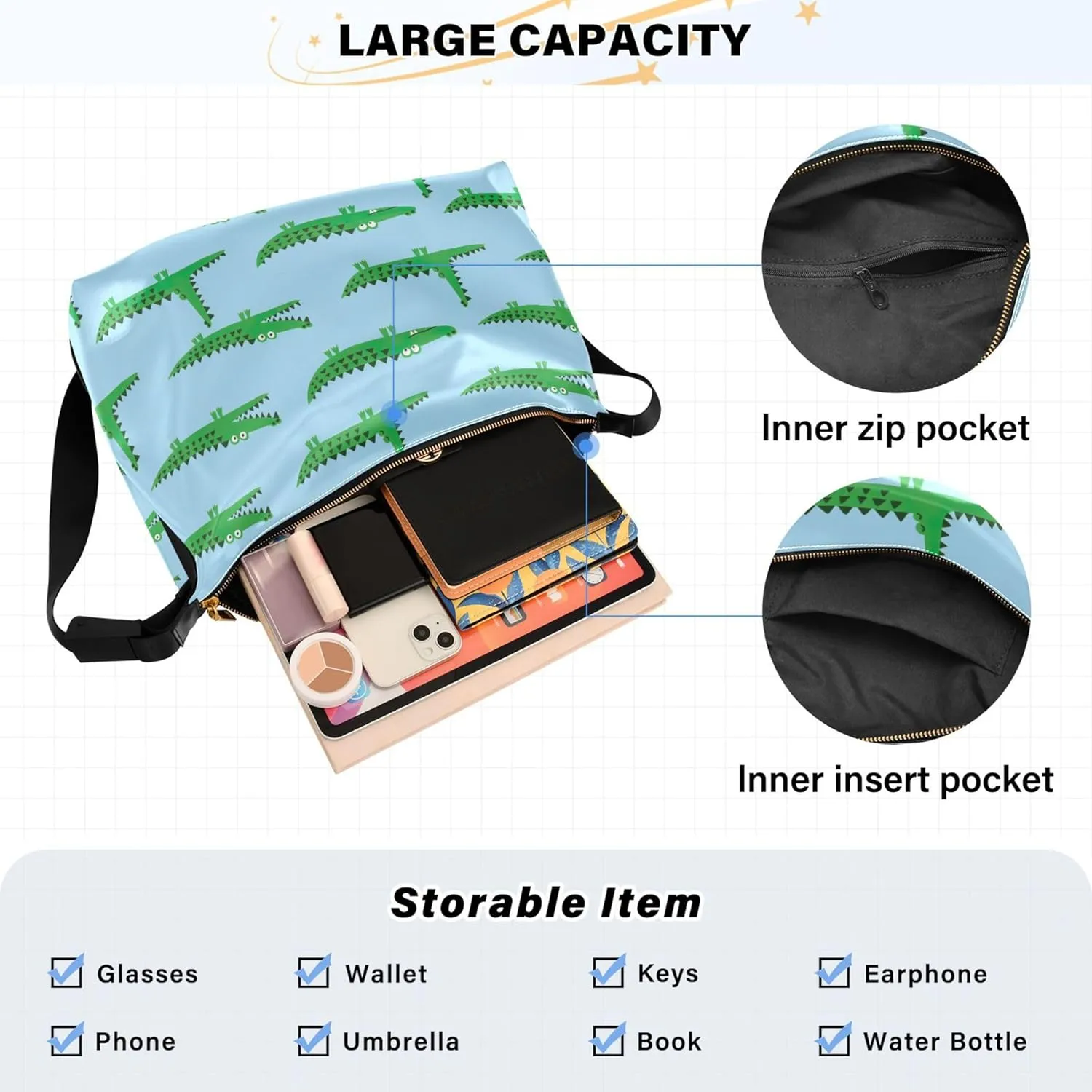 Cute Cartoon Crocodile Funny Soft PU Leather Hobo Bags Cross Body Men Bag Floral Animal Print Womens Shoulder Purse