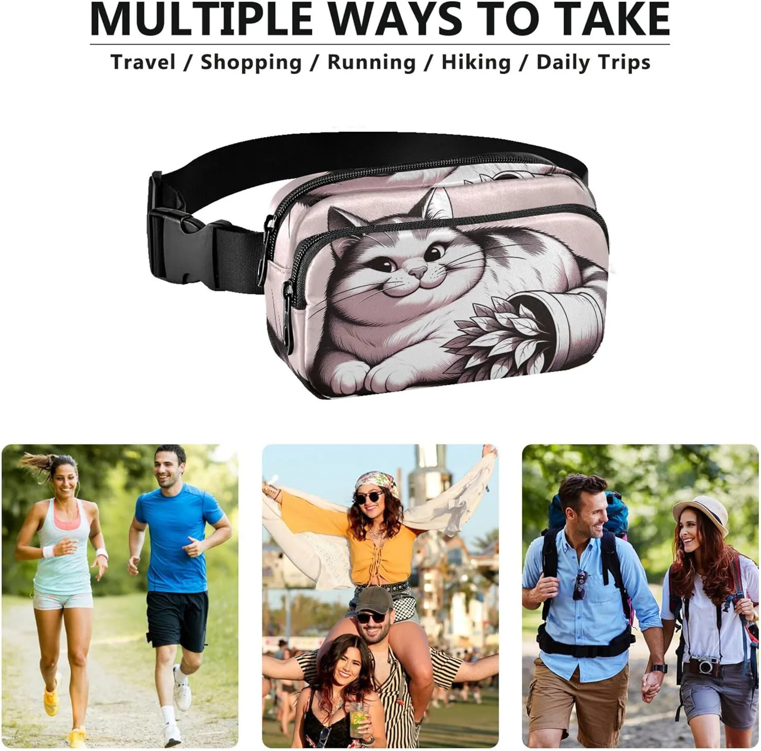 Cute Cat Mischief Pink Women Fanny Pack Bright Color Hip Pack Belt Bag Waterproof Waist Bag for Women