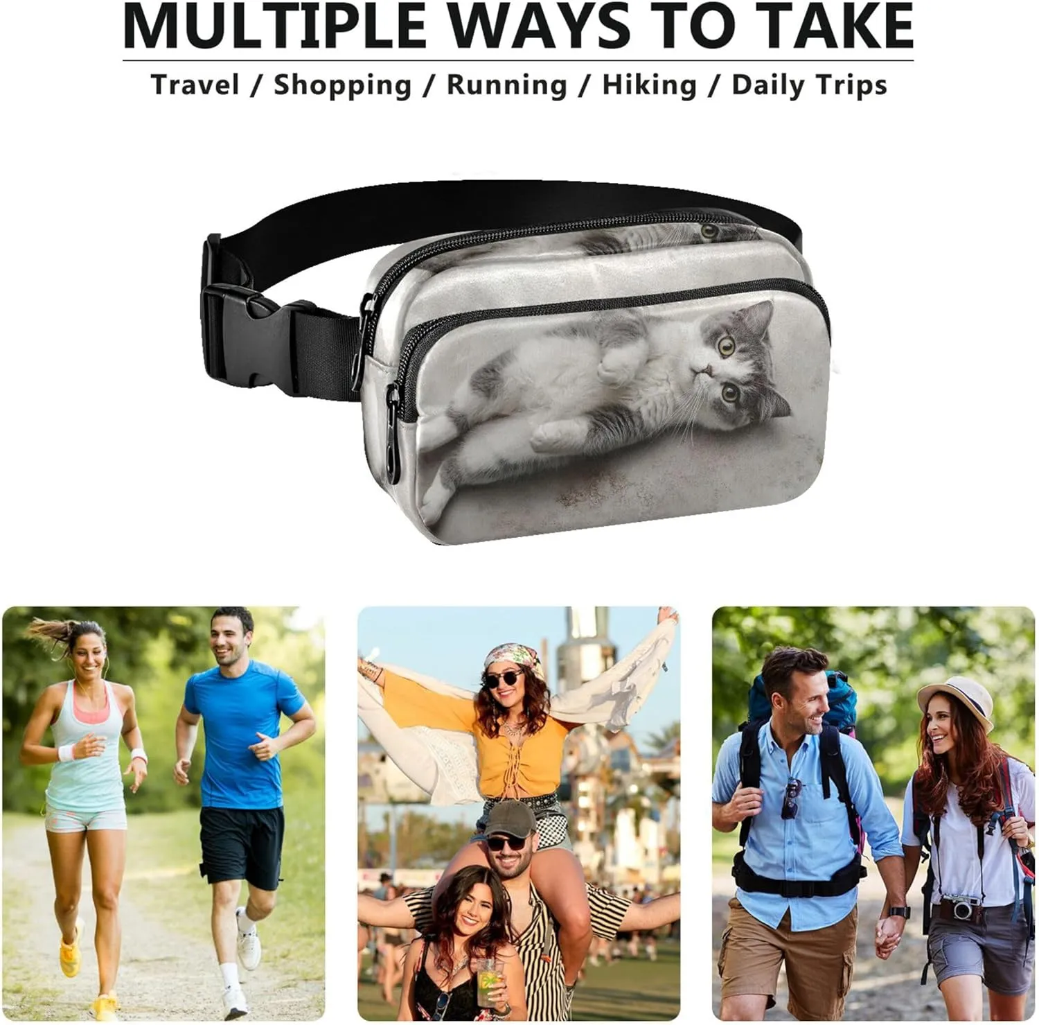 Cute Cat Relaxing Print Womens Fanny Pack Cartoon Hip Pack Belt Bag Waterproof Waist Purse for Women