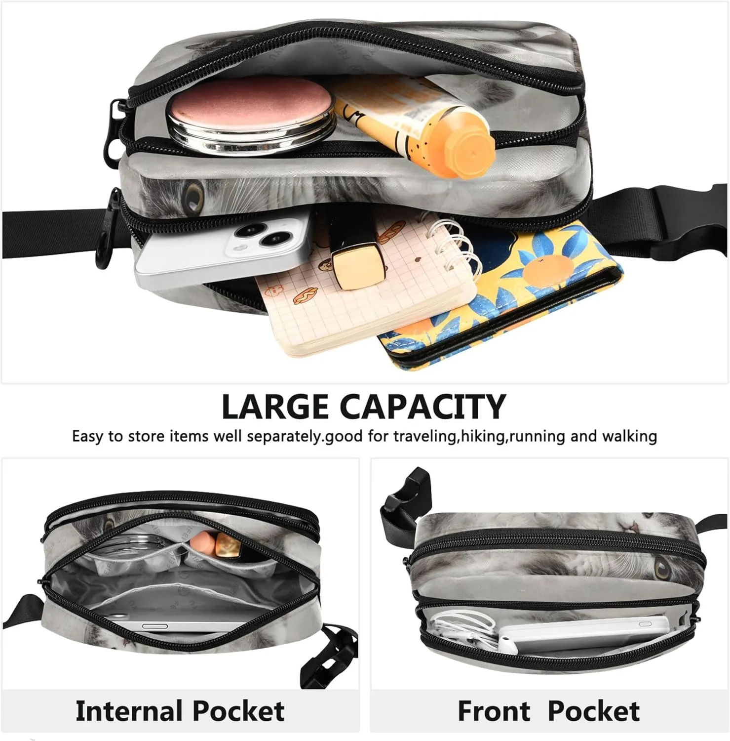 Cute Cat Relaxing Print Womens Fanny Pack Cartoon Hip Pack Belt Bag Waterproof Waist Purse for Women
