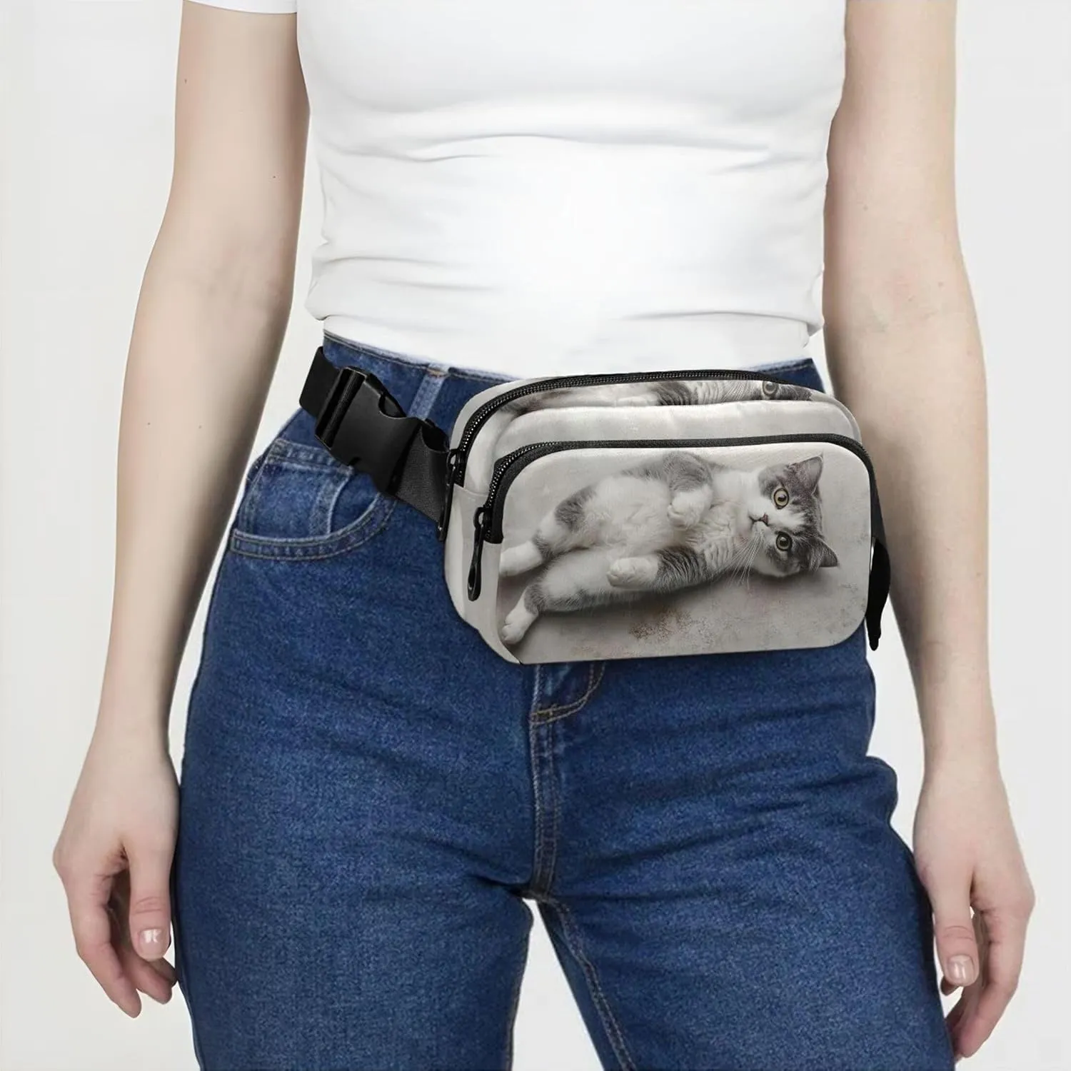 Cute Cat Relaxing Print Womens Fanny Pack Cartoon Hip Pack Belt Bag Waterproof Waist Purse for Women