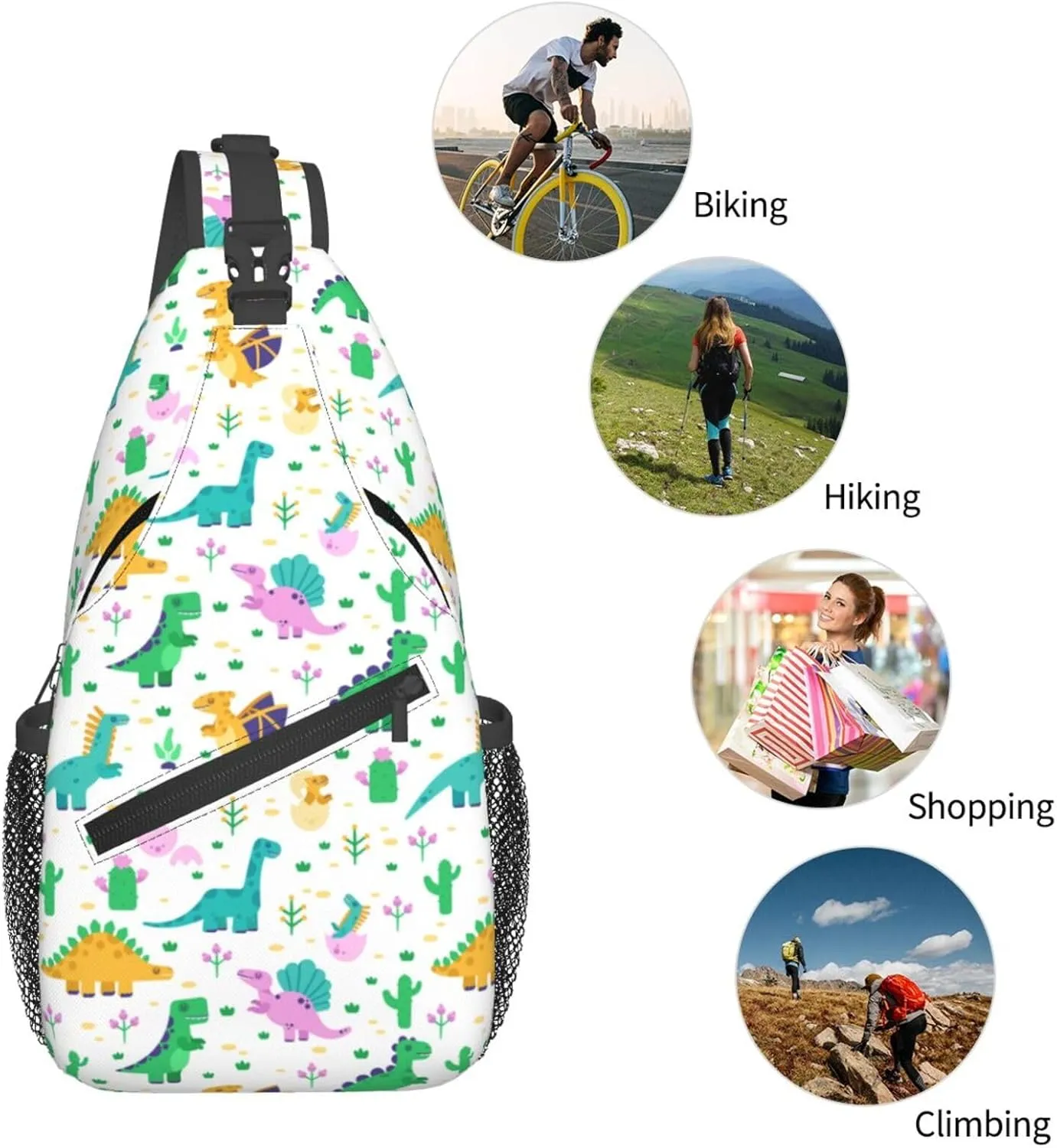 Cute Dinosaurs Tyrannosaurus Pterodactyl Chest Sling Bag Crossbody Shoulder Backpack Bag Gym Cycling Daypack Travel Hiking Cross Bag