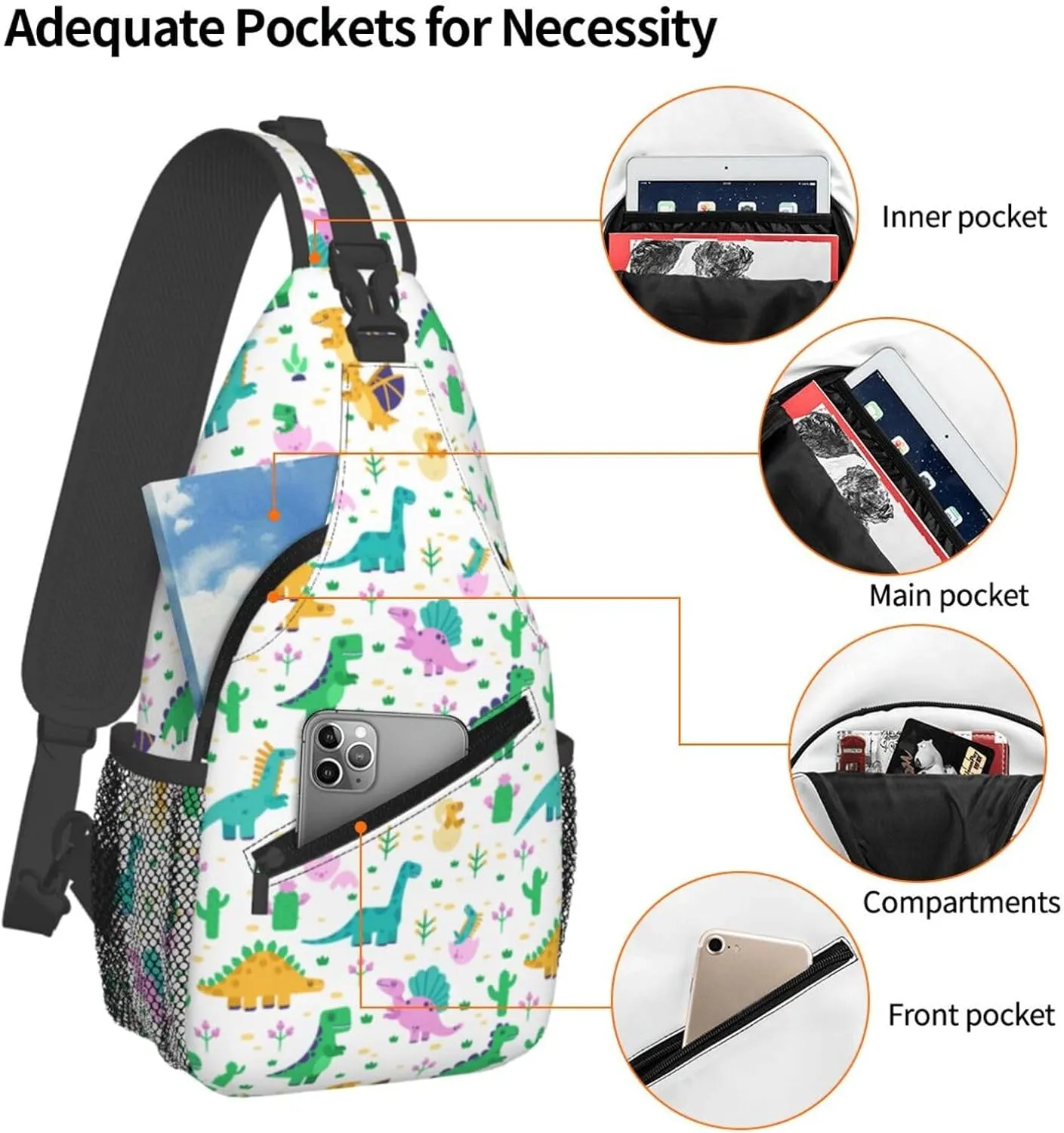 Cute Dinosaurs Tyrannosaurus Pterodactyl Chest Sling Bag Crossbody Shoulder Backpack Bag Gym Cycling Daypack Travel Hiking Cross Bag