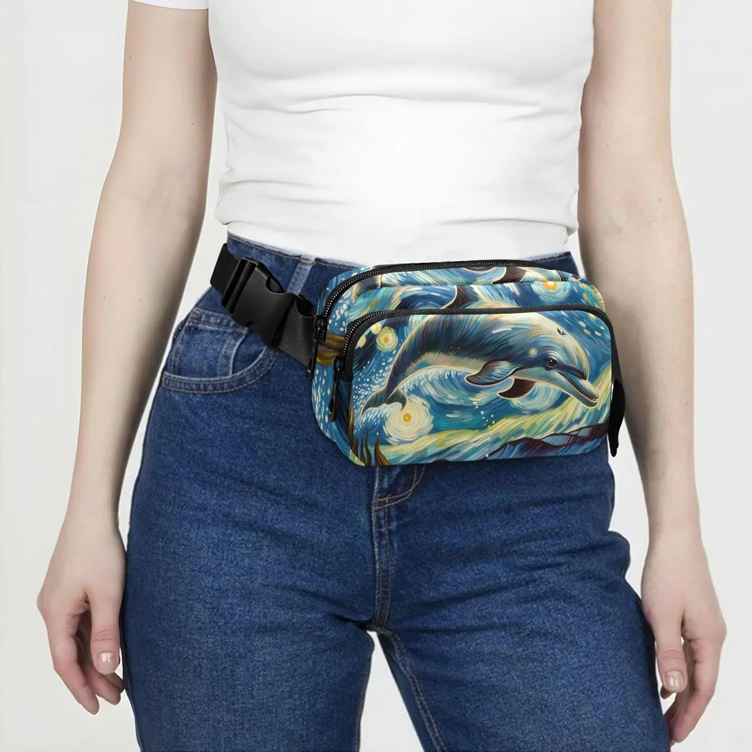 Cute Dolphin Starry Night Fanny Packs Women Waterproof Large Hip Belt Bag Bright Color Cross Body Waist Purse