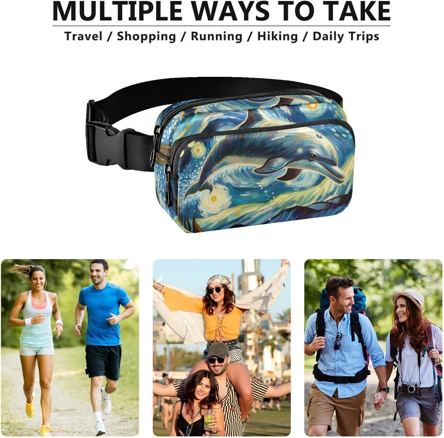 Cute Dolphin Starry Night Fanny Packs Women Waterproof Large Hip Belt Bag Bright Color Cross Body Waist Purse