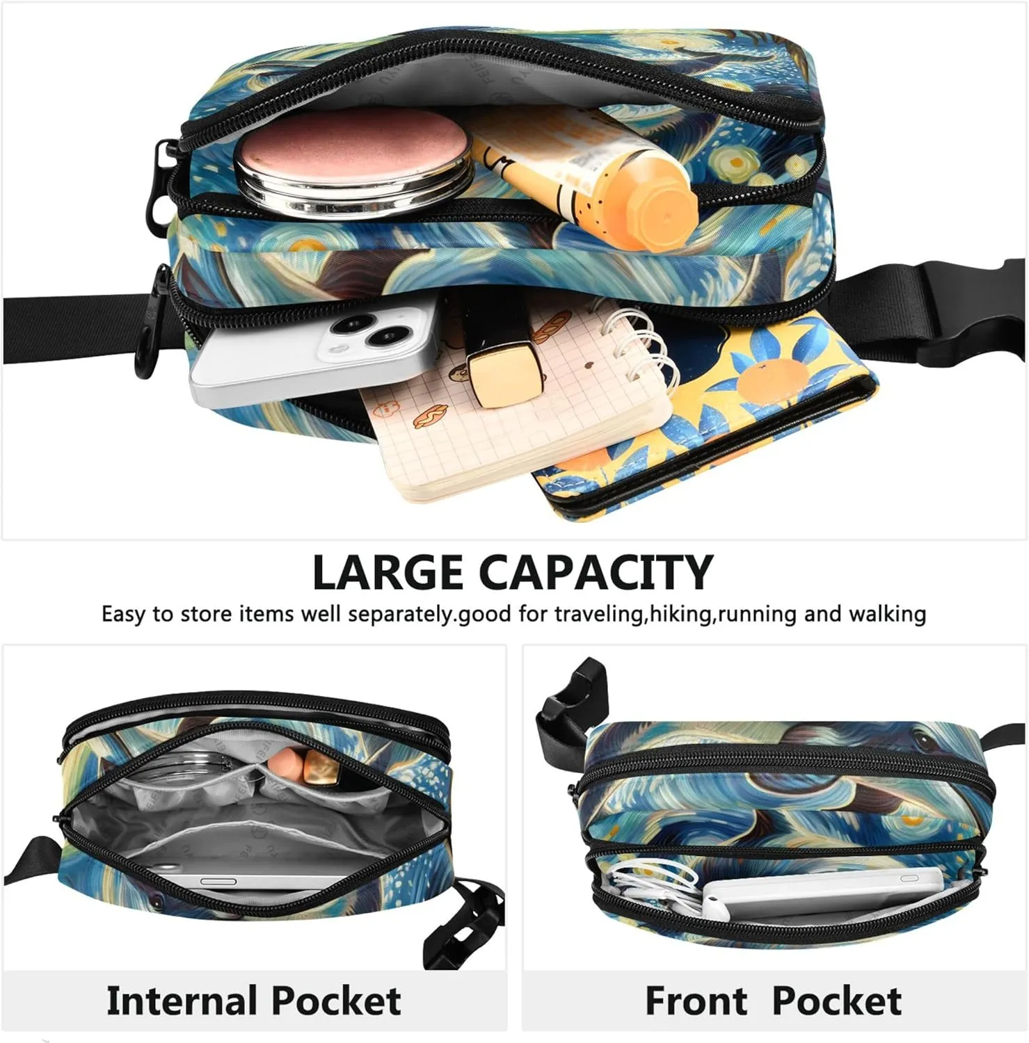 Cute Dolphin Starry Night Fanny Packs Women Waterproof Large Hip Belt Bag Bright Color Cross Body Waist Purse