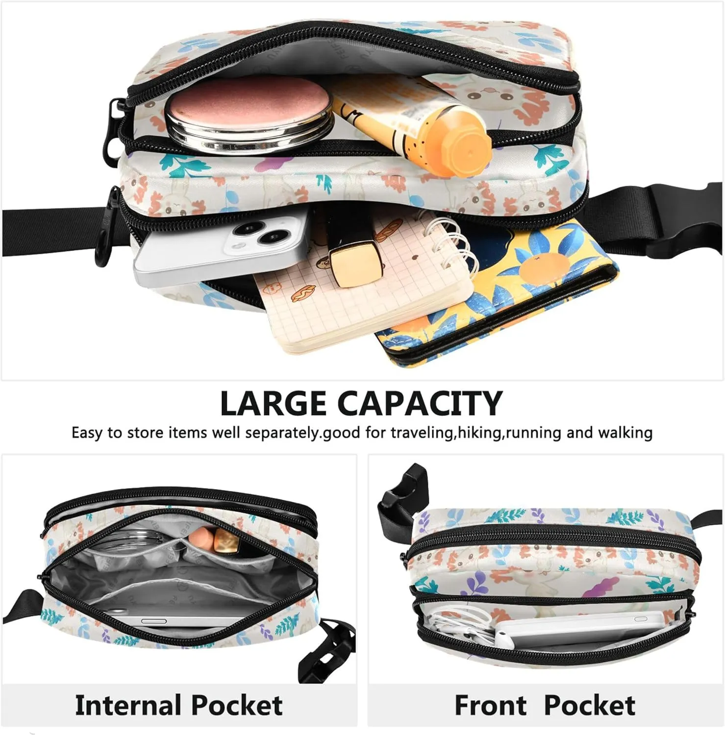 Cute Fish Axolotl Fanny Packs for Women Waterproof Large Hip Belt Bag Cute Waist Pack for Women