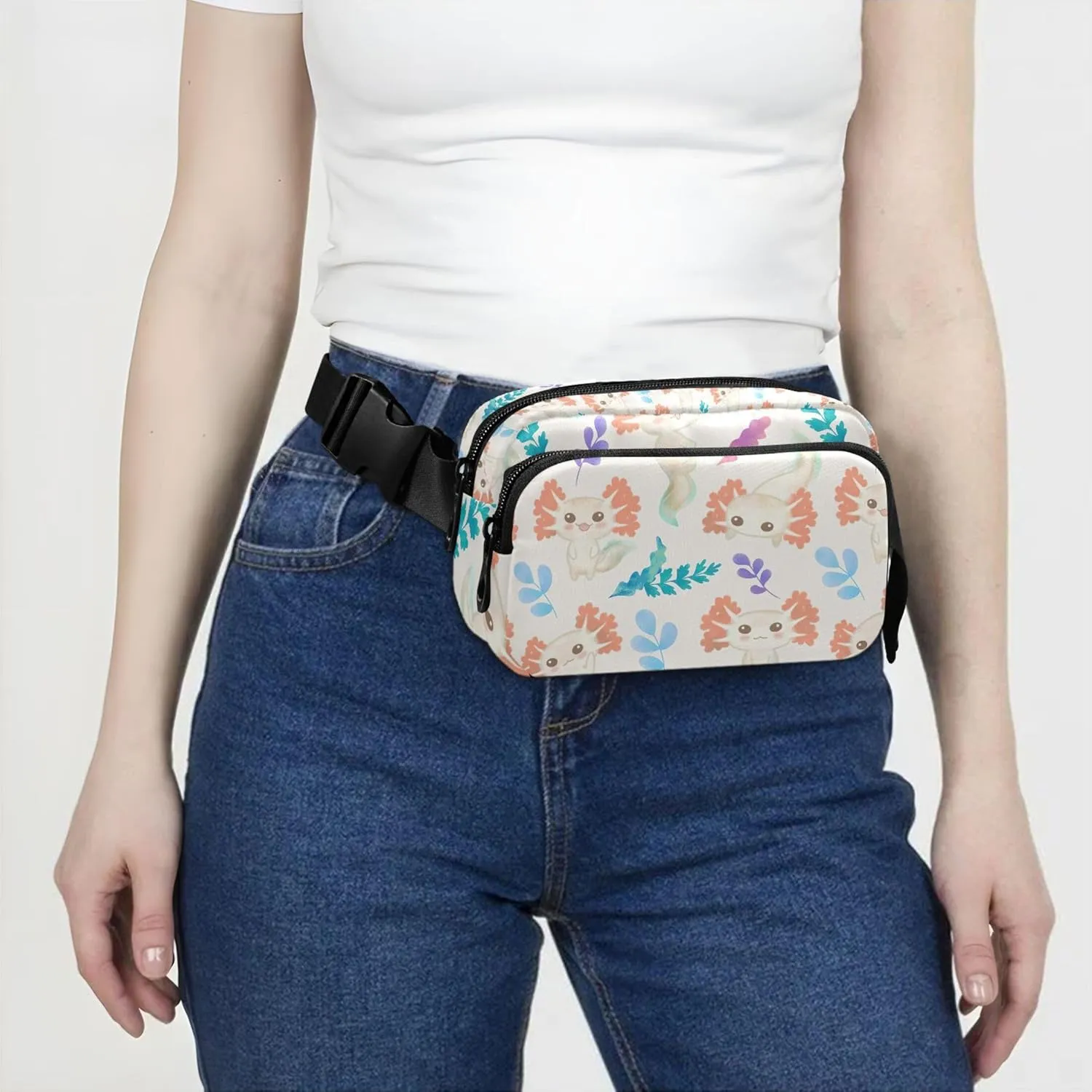 Cute Fish Axolotl Fanny Packs for Women Waterproof Large Hip Belt Bag Cute Waist Pack for Women