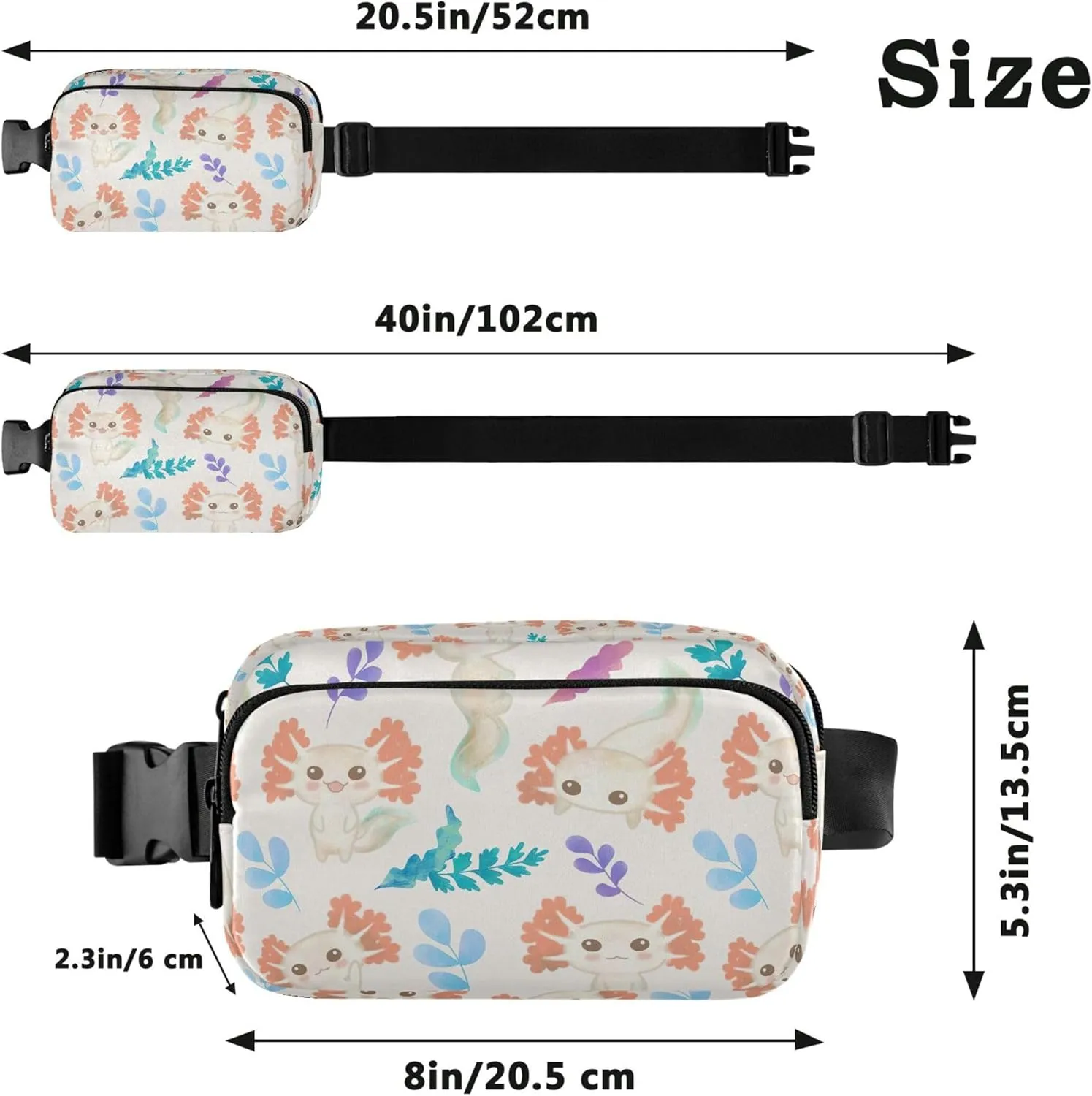 Cute Fish Axolotl Fanny Packs for Women Waterproof Large Hip Belt Bag Cute Waist Pack for Women