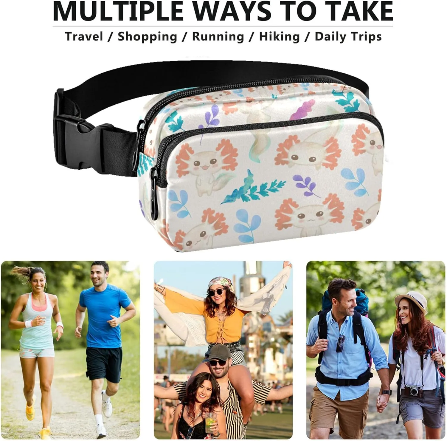 Cute Fish Axolotl Fanny Packs for Women Waterproof Large Hip Belt Bag Cute Waist Pack for Women