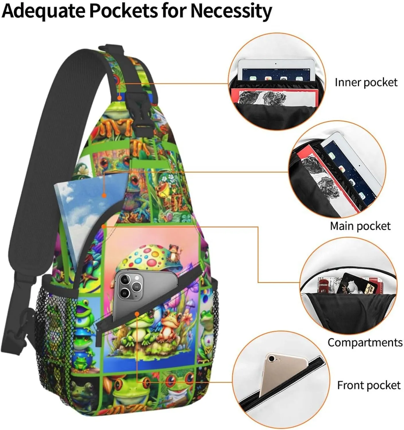 Cute Frog Sling Bag - Animal Print Crossbody Shoulder Bag, Casual Sling Backpack for Women, Men, Travel, Hiking, Cycling