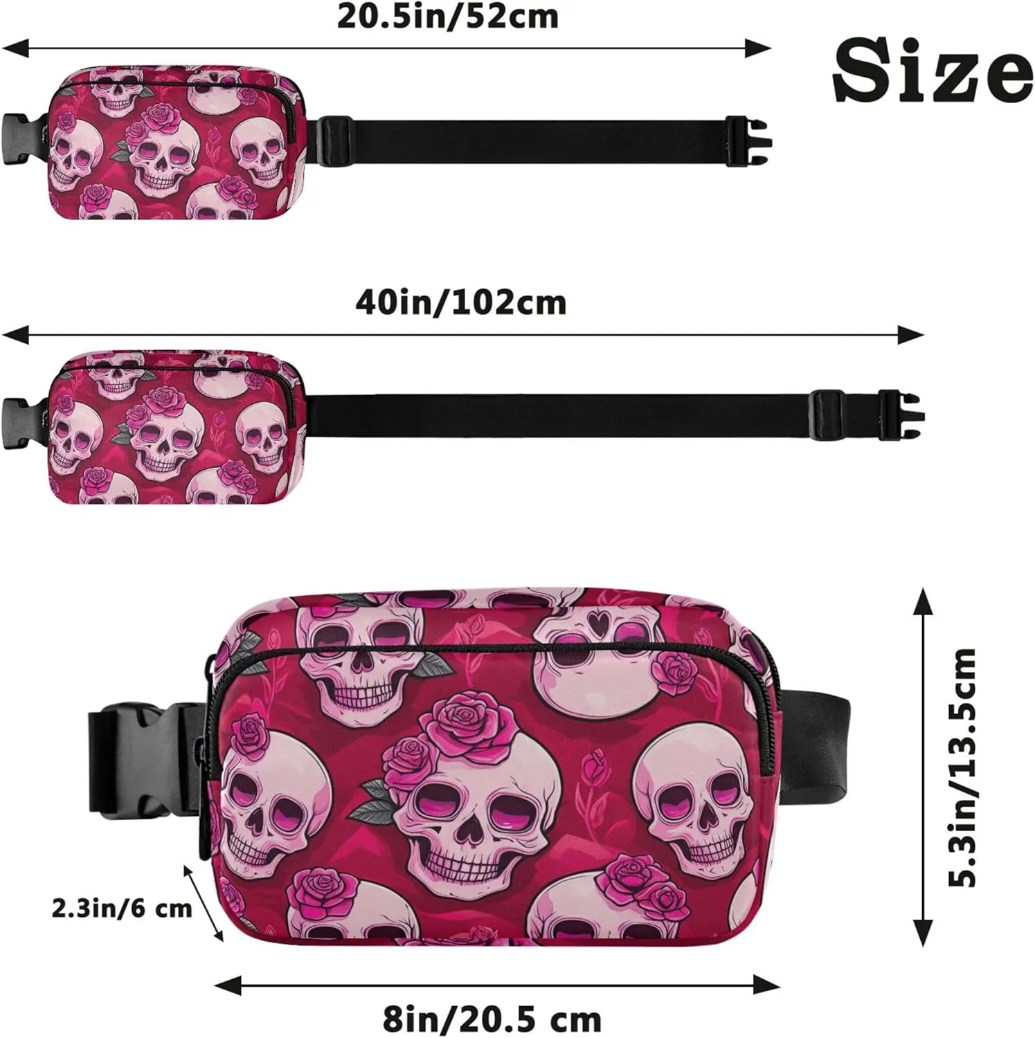 Cute Pink Skulls Roses Fanny Pack for Women Hip Pack Belt Bag Waterproof Bright Waist Pouches for Men
