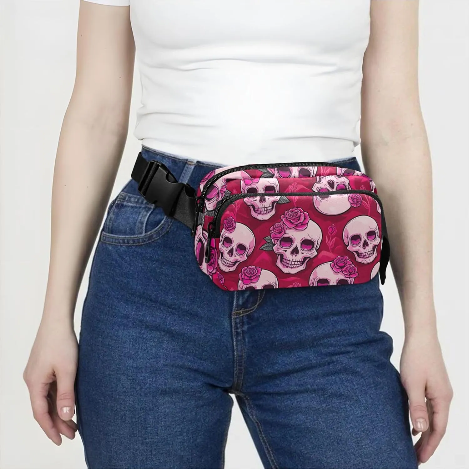 Cute Pink Skulls Roses Fanny Pack for Women Hip Pack Belt Bag Waterproof Bright Waist Pouches for Men