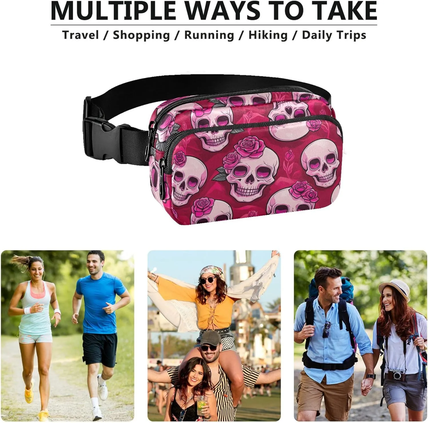 Cute Pink Skulls Roses Fanny Pack for Women Hip Pack Belt Bag Waterproof Bright Waist Pouches for Men