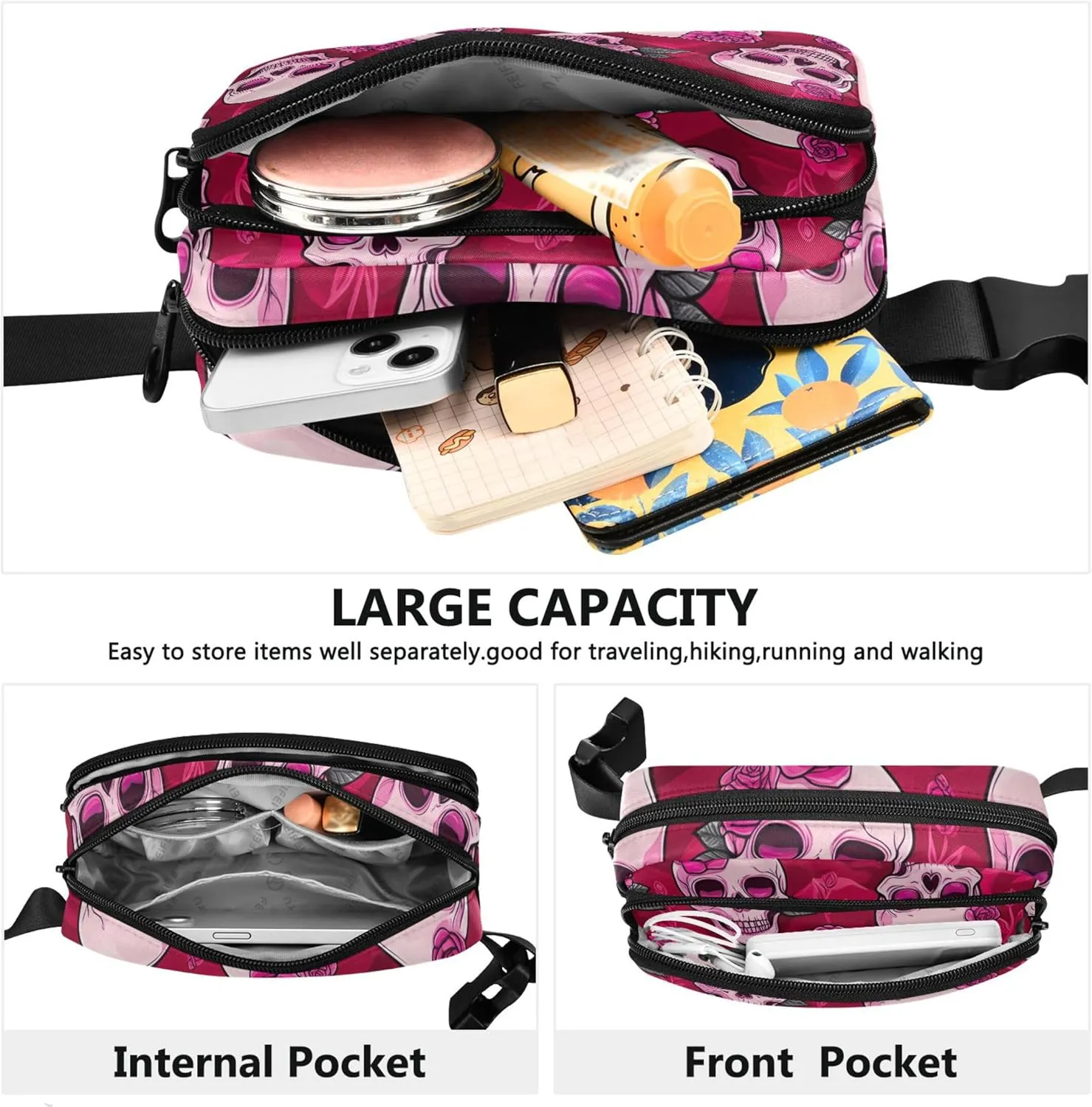 Cute Pink Skulls Roses Fanny Pack for Women Hip Pack Belt Bag Waterproof Bright Waist Pouches for Men