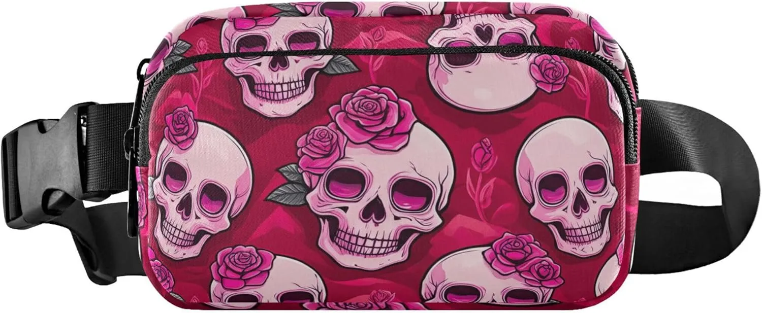 Cute Pink Skulls Roses Fanny Pack for Women Hip Pack Belt Bag Waterproof Bright Waist Pouches for Men