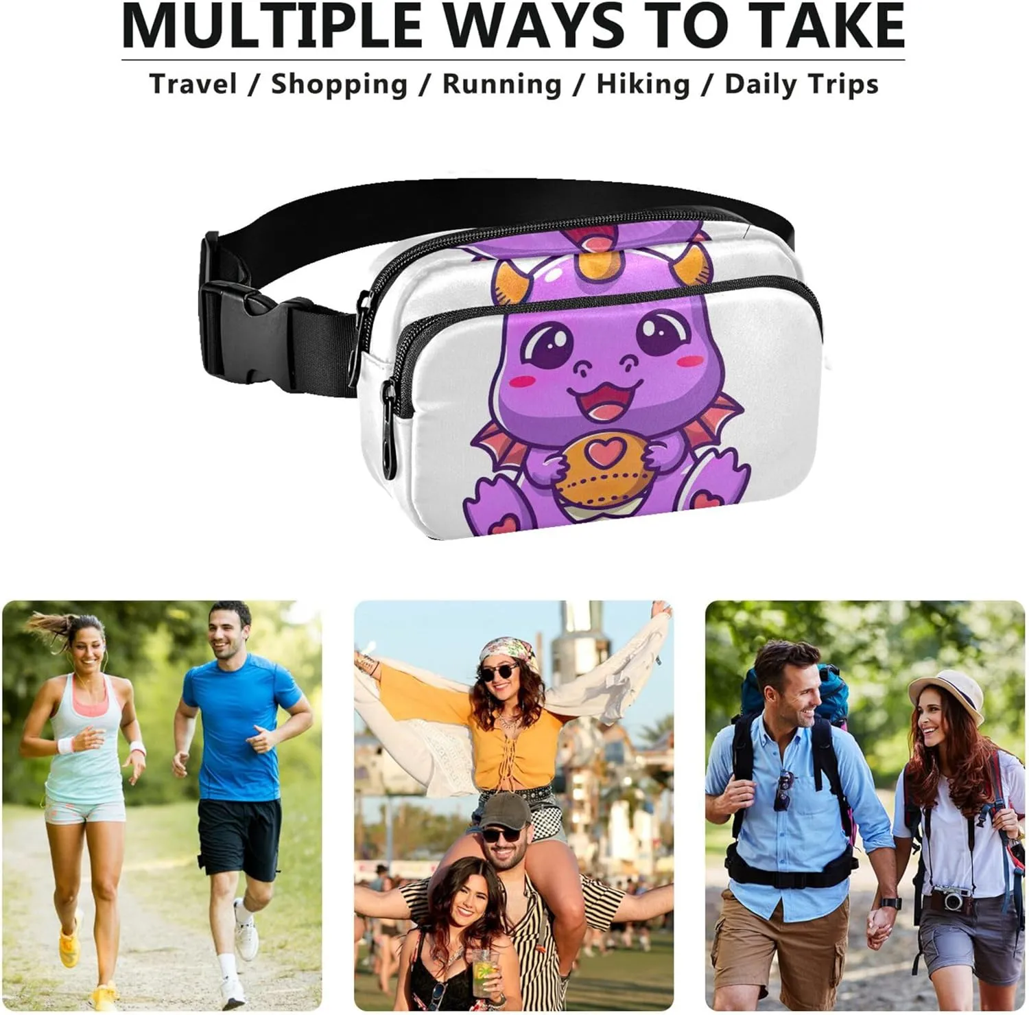 Cute Purple Dragon Fanny Packs Women Hip Bag Belt Pouch Waterproof Neon Travel Waist Bag
