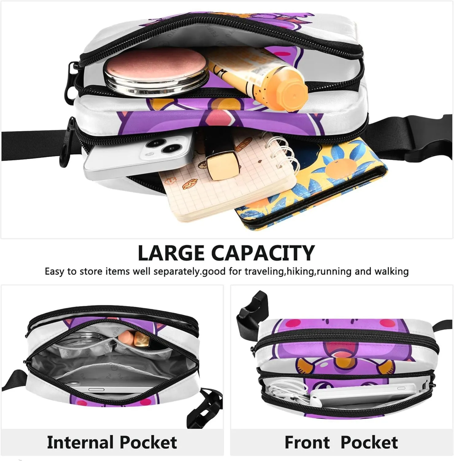 Cute Purple Dragon Fanny Packs Women Hip Bag Belt Pouch Waterproof Neon Travel Waist Bag