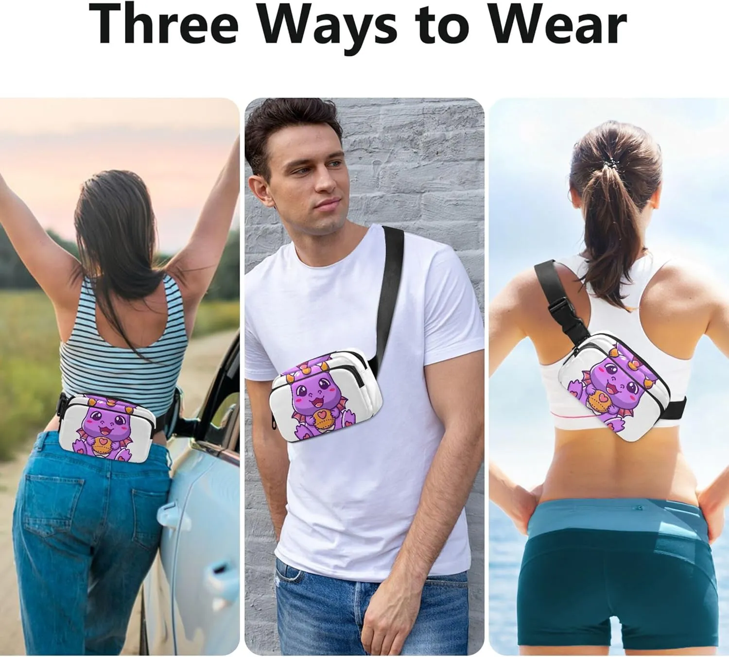 Cute Purple Dragon Fanny Packs Women Hip Bag Belt Pouch Waterproof Neon Travel Waist Bag