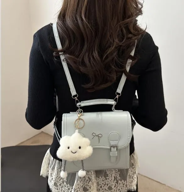 Cute Satchel Handbag with Cloud Charm, Bow Detail, Adjustable Shoulder Strap