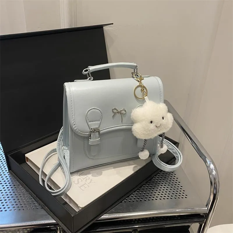 Cute Satchel Handbag with Cloud Charm, Bow Detail, Adjustable Shoulder Strap