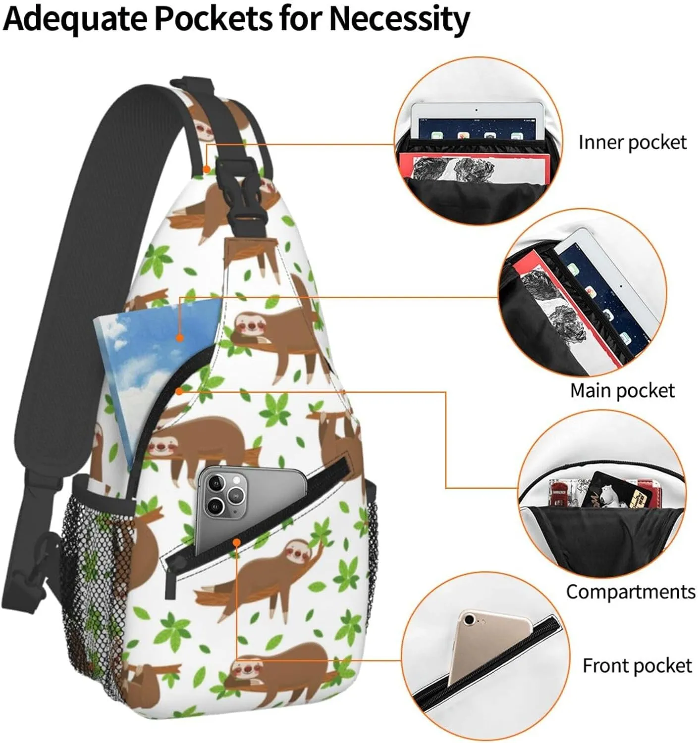 Cute Sloth Sling Backpack Chest Bag Crossbody Shoulder Bag Gym Cycling Travel Hiking Daypack For Men Women