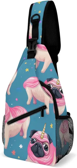 Cute Uni-corn Pugs Crossbody Sling Bags Shoulder Backpack Chest DayPack Handbag