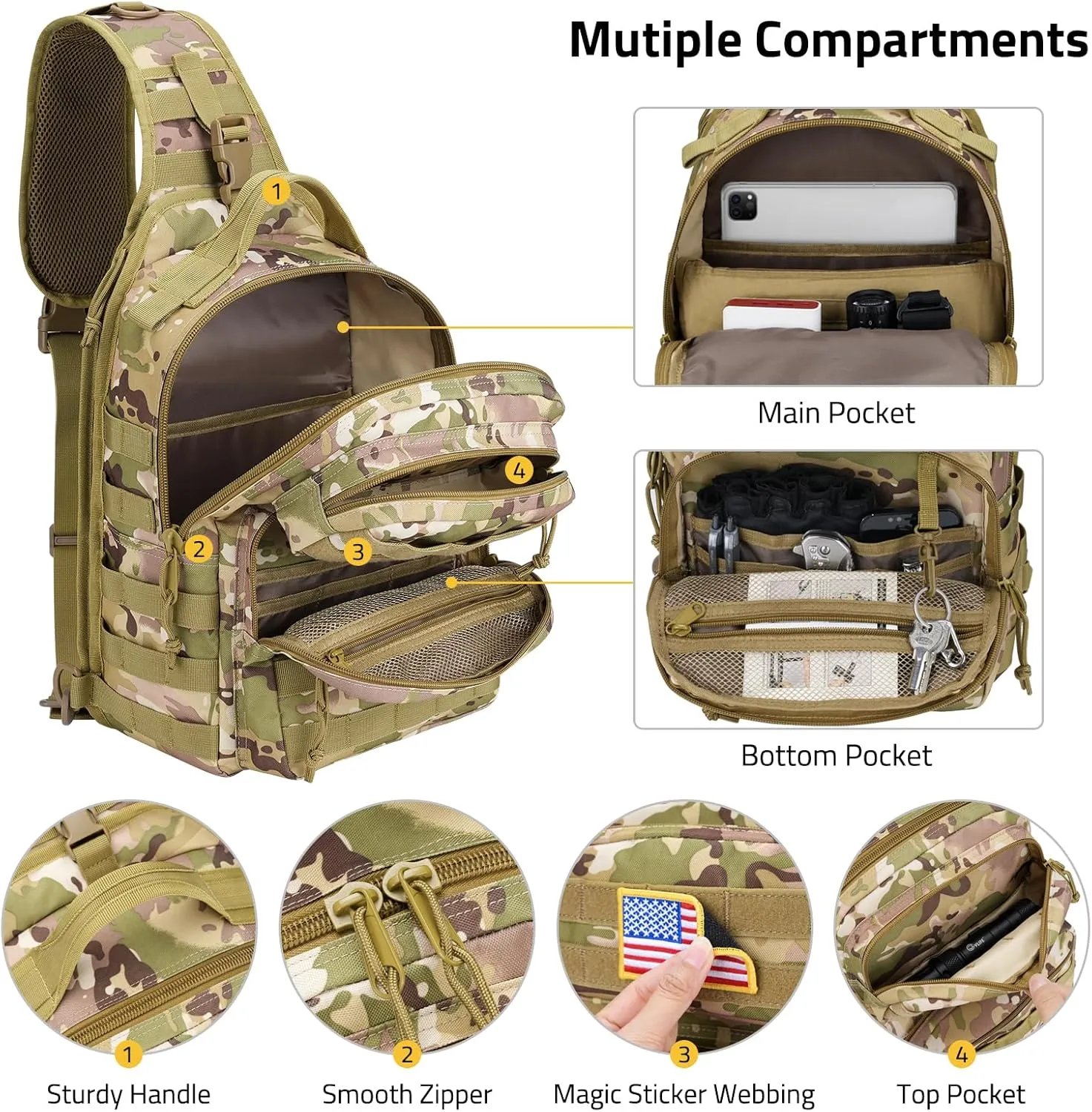 CVLIFE Tactical Sling Bag Backpack for Men Military Shoulder Sling Bag Molle Army Assault Detachable Tactical Bag with Bottle Holder Concealed Carry Daily Day Pack Work Bag for EDC Hiking, CP