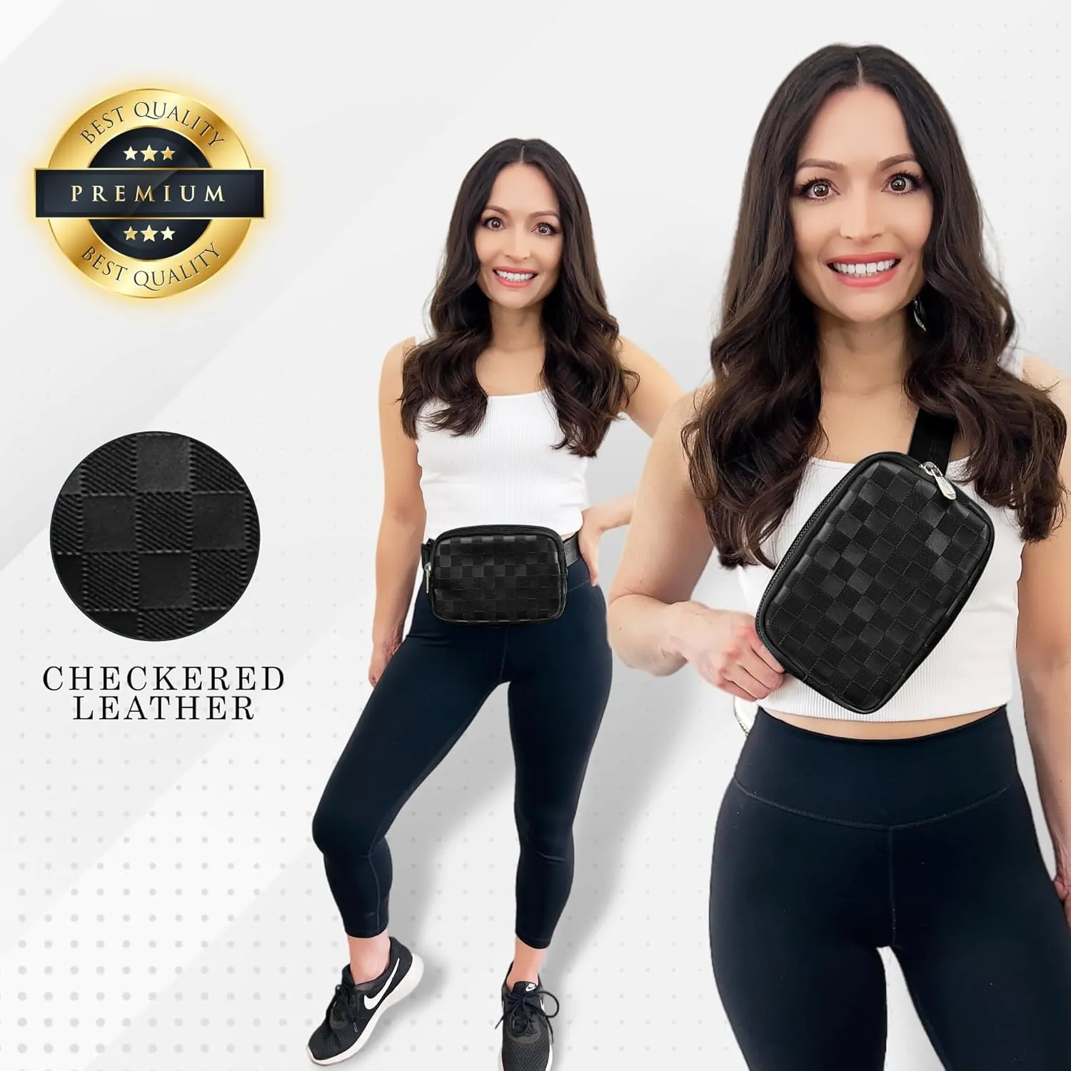 DANCOUR Black Checkered Belt Bag – Sleek Leather Crossbody Fanny Pack for Women, Trendy Waist Bag & Everyday Crossbody Purse, Stylish Travel Belt Bag for On-the-Go Fashion