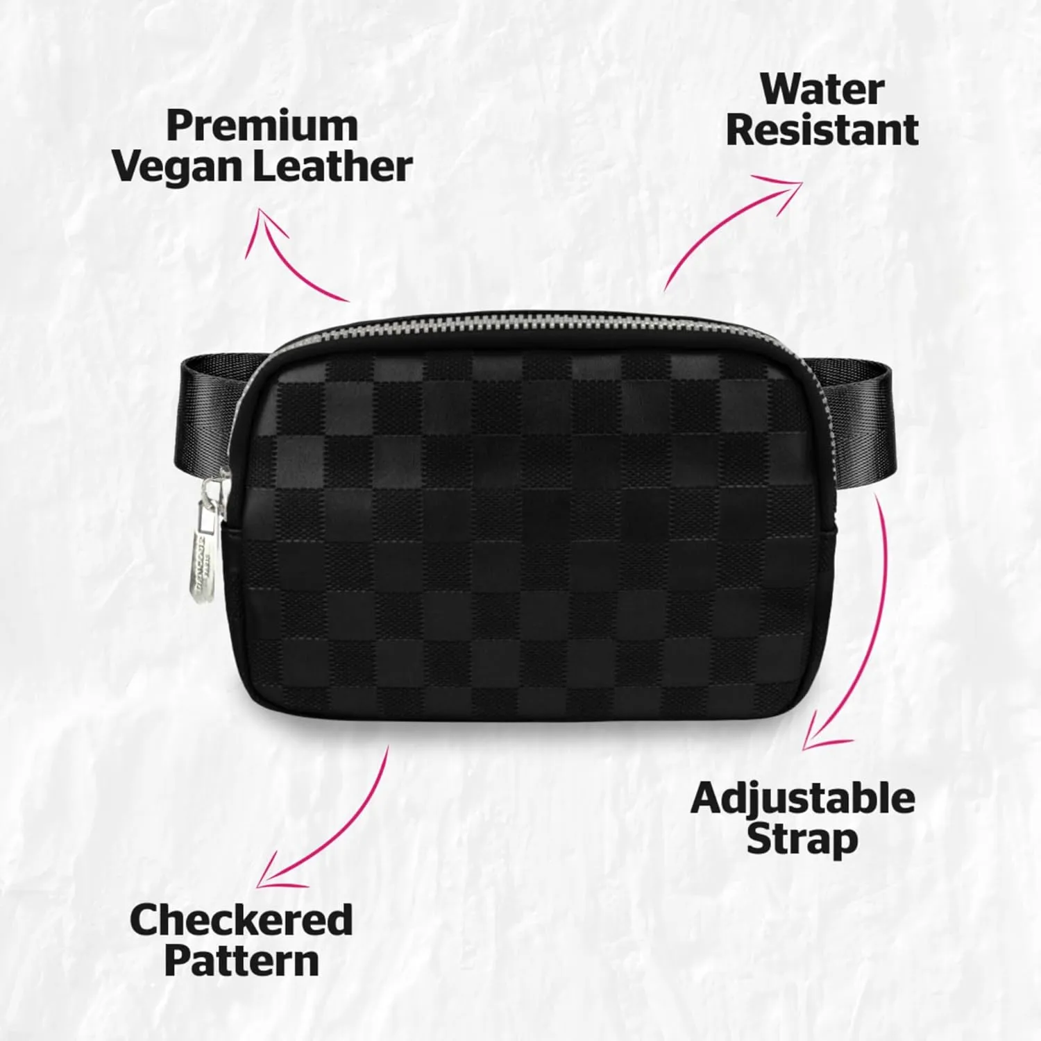 DANCOUR Black Checkered Belt Bag – Sleek Leather Crossbody Fanny Pack for Women, Trendy Waist Bag & Everyday Crossbody Purse, Stylish Travel Belt Bag for On-the-Go Fashion