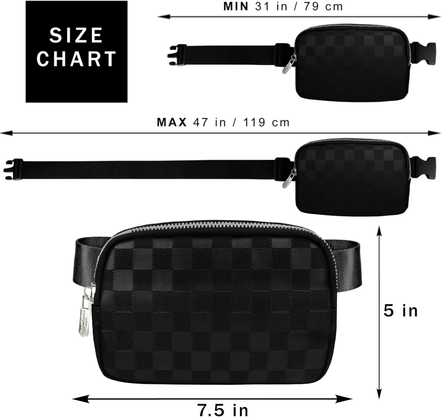 DANCOUR Black Checkered Belt Bag – Sleek Leather Crossbody Fanny Pack for Women, Trendy Waist Bag & Everyday Crossbody Purse, Stylish Travel Belt Bag for On-the-Go Fashion